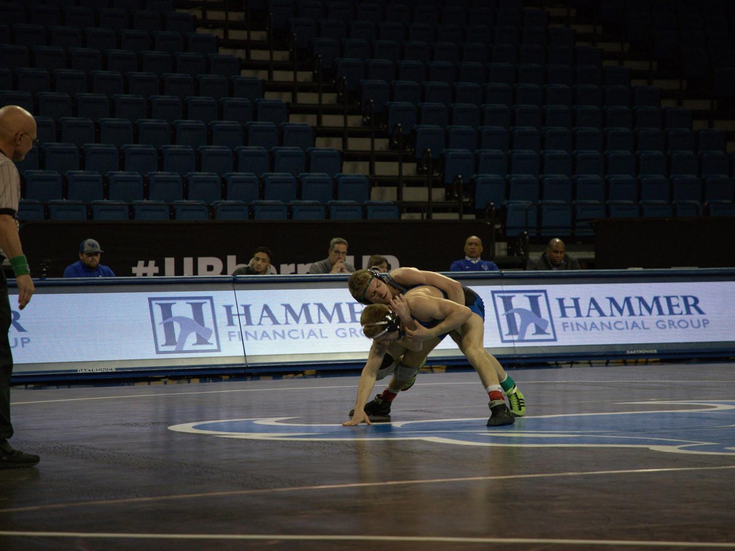 Graduate student Derek Spann (pictured here in February 2020) earned a 17-2 technical fall in the 133 lb. bout Saturday.