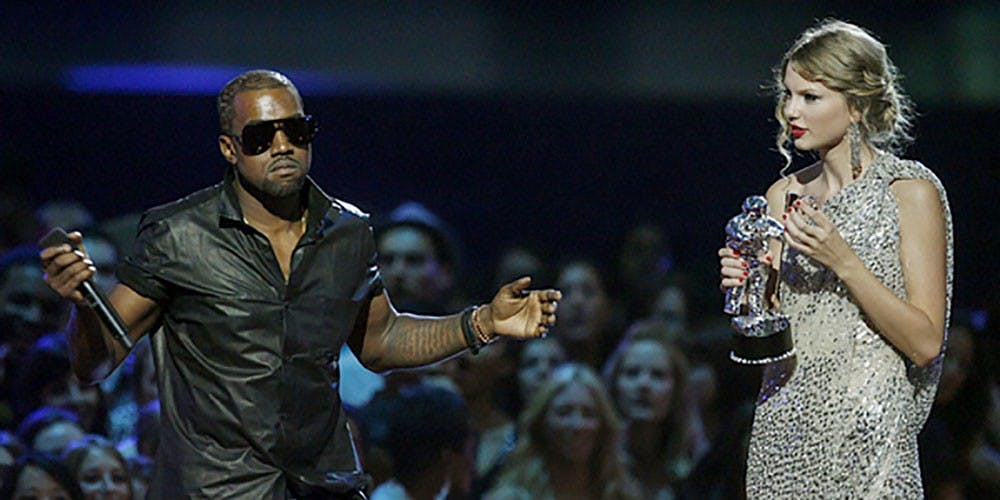 <p>Kanye West interrupts Taylor Swift at the 2009 MTV Video Music Awards as she was accepting her award for Best Music Video.</p>