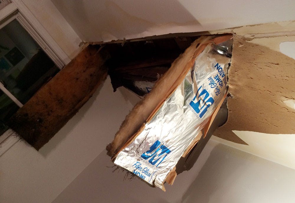 <p>Alexadra Mastoras’ ceiling gave way on March 3 at her Sundridge apartment off of East Robinson Road in Amherst. Mastoras experienced the worst case of water leaking through the roof and above her ceiling, a problem many Western New Yorkers have dealt with this winter.</p>