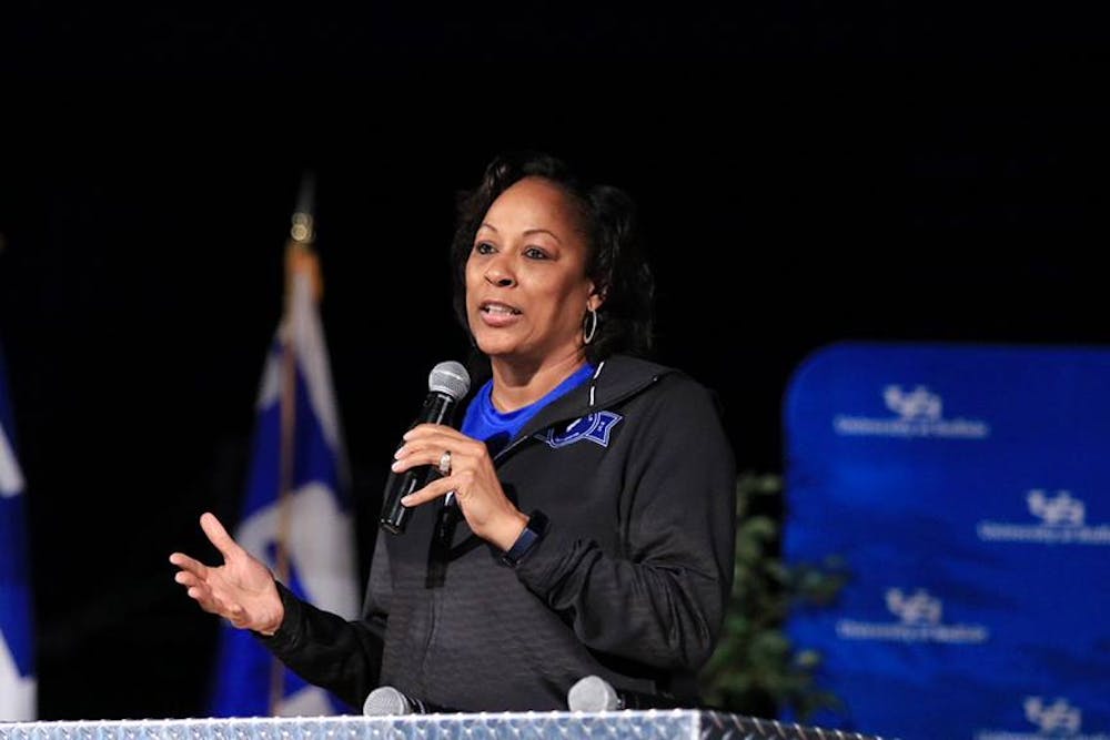 <p>Women’s basketball head coach Felisha Legette-Jack addresses the crowd at Friday’s pep-rally. Legette-Jack said she was proud with how the season left and has bigger plans for next year.</p>