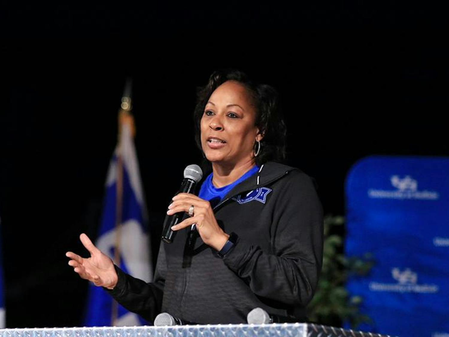 Women’s basketball head coach Felisha Legette-Jack addresses the crowd at Friday’s pep-rally. Legette-Jack said she was proud with how the season left and has bigger plans for next year.