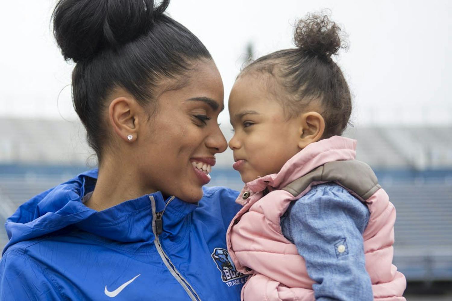 Asher Beasley, a hurdler on the women's track and field team, gave birth to her daughter Jace on May 9, 2014. Since then, she has come back to UB even stronger.