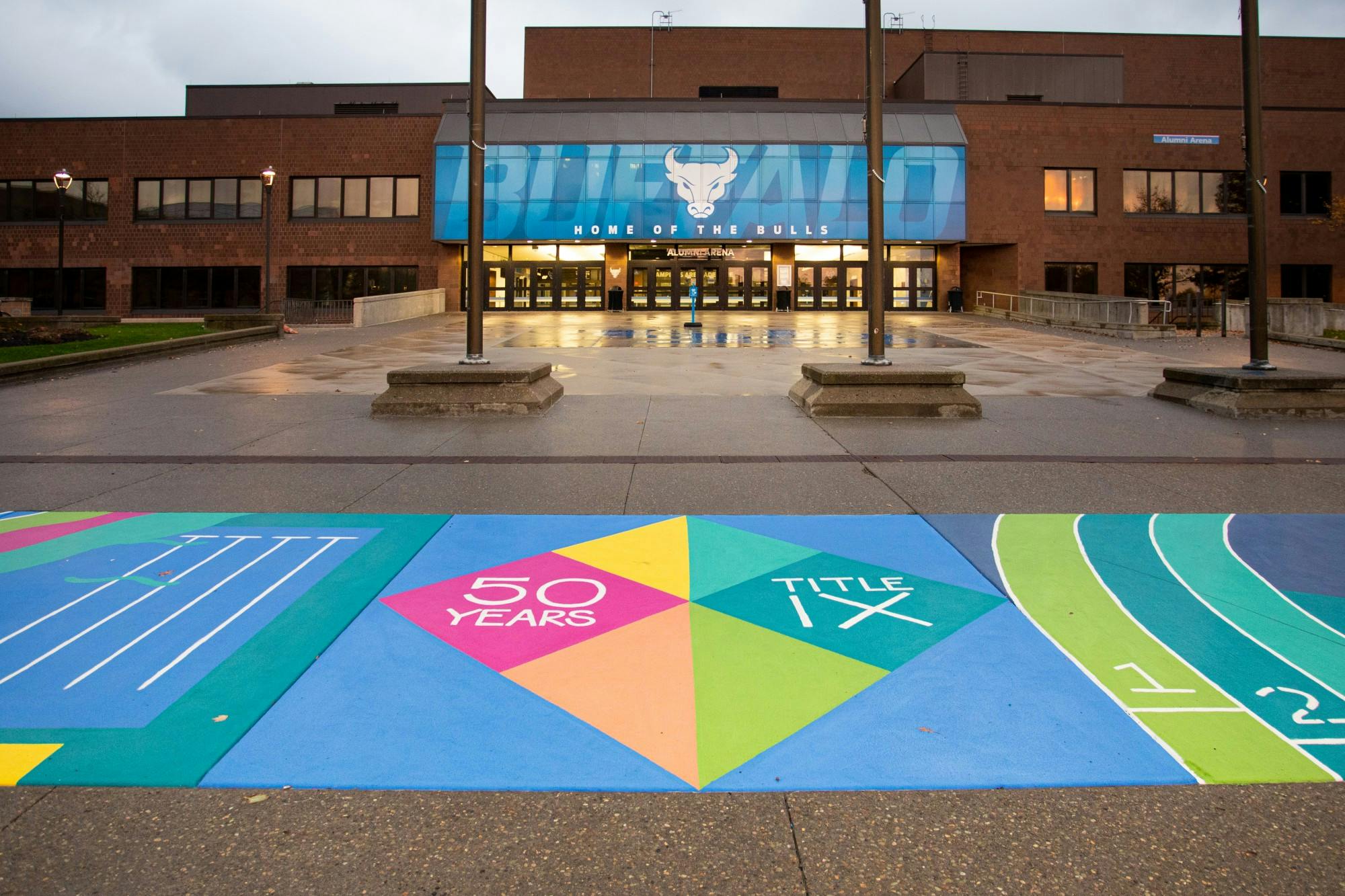 Artist Cassandra Ott created the Title IX commemorative mural, which sits outside of Alumni Arena.