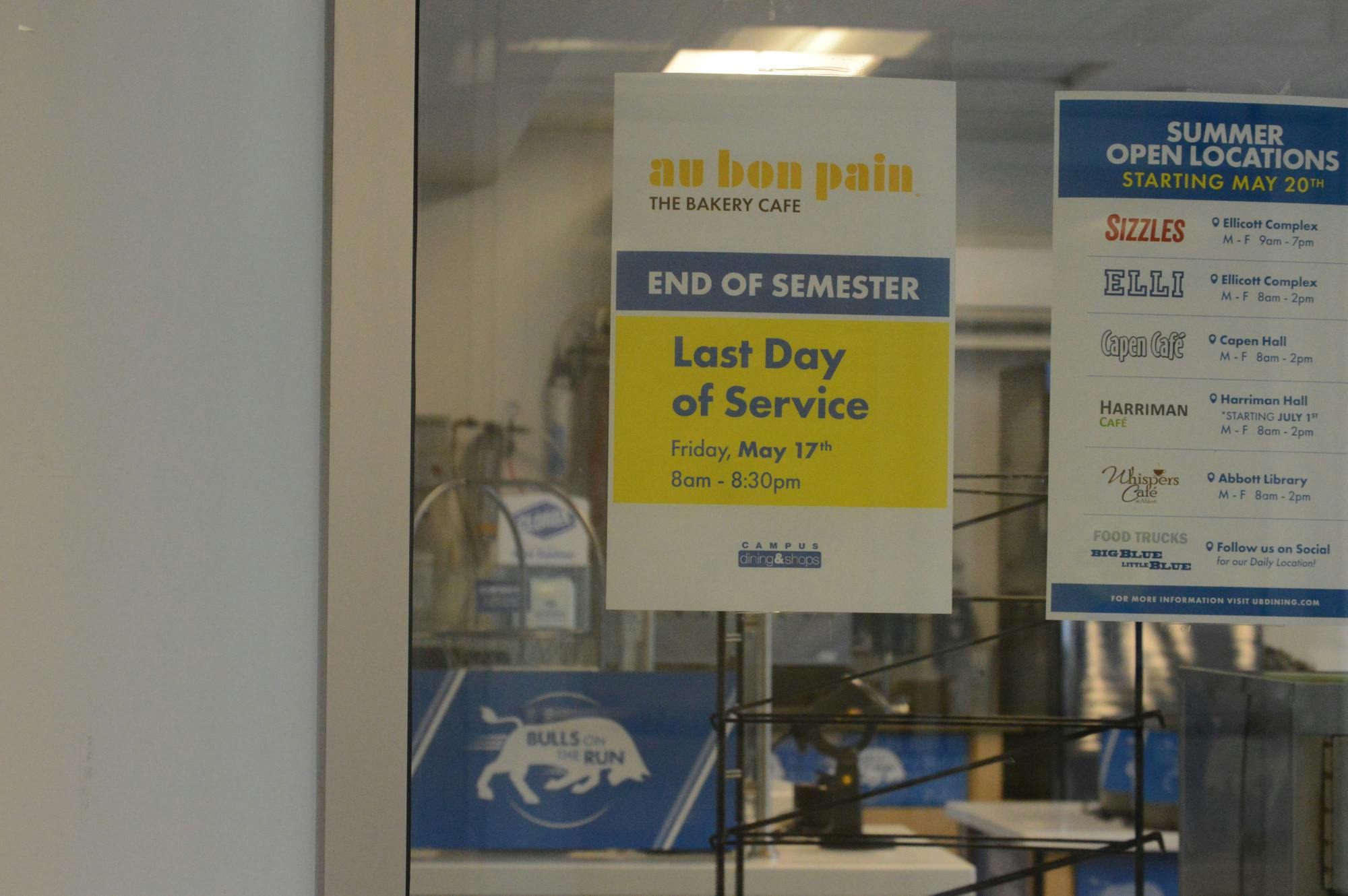 Au Bon Pain will close and be replaced by a Bulls on the Run.