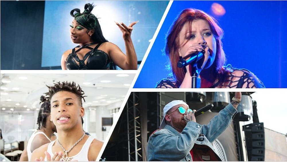 <p>Students named songs by Megan Thee Stallion (top left), Kelly Clarkson (top right), NLE Choppa (bottom left) and Mac Miller (bottom right) as their pregame favorites.&nbsp;</p>