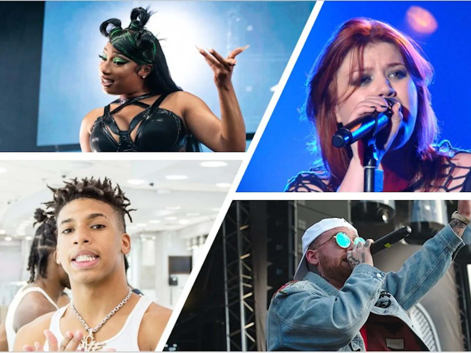 Students named songs by Megan Thee Stallion (top left), Kelly Clarkson (top right), NLE Choppa (bottom left) and Mac Miller (bottom right) as their pregame favorites. 