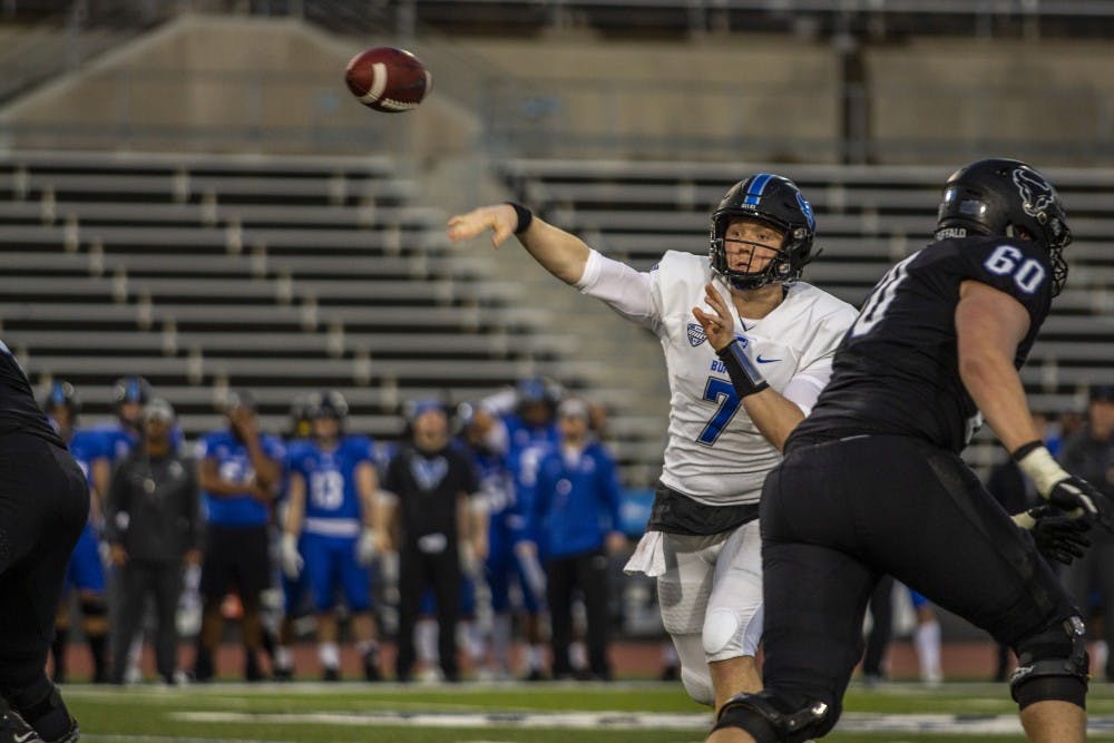 <p>Sophomore quarterback Kyle Vantrease throws a pass over the middle. The sophomore is the only quarterback on UB’s roster to start a game for Buffalo.</p>