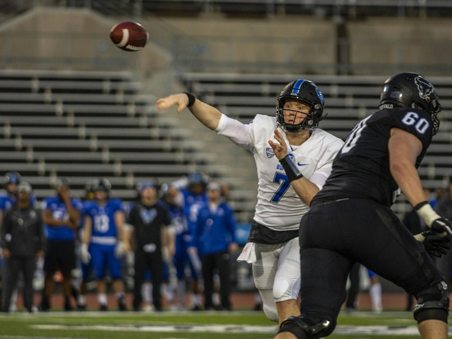Sophomore quarterback Kyle Vantrease throws a pass over the middle. The sophomore is the only quarterback on UB’s roster to start a game for Buffalo.