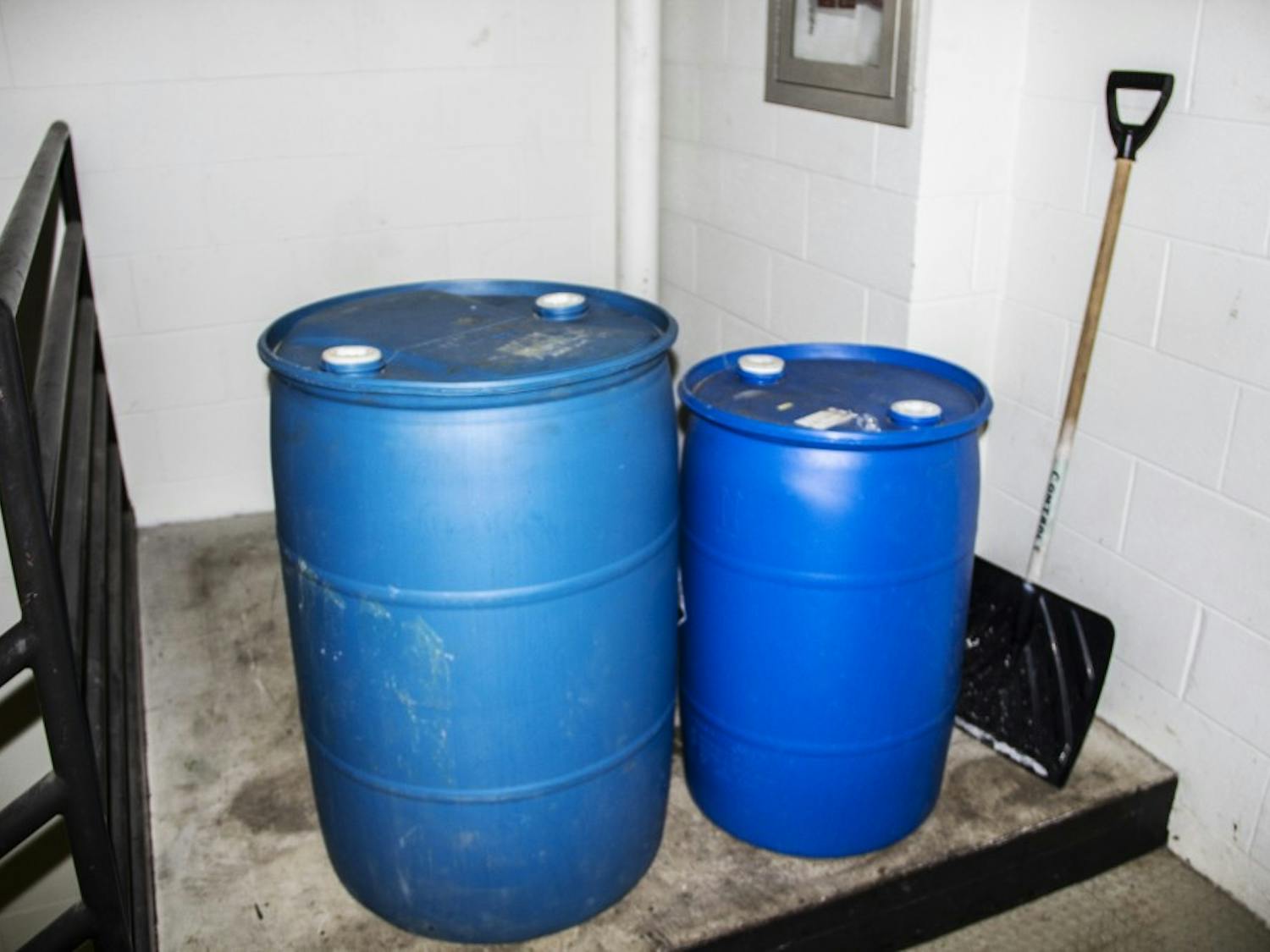 The Spectrum found empty containers labeled “corrosive” at the top of a stairwell in the Biomedical Education Building on Friday and Monday. UB had the containers moved by Tuesday morning following a Spectrum report.