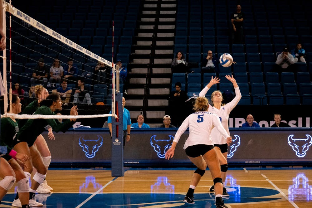 <p>Setter Scout McLerran raises the ball. UB's volleyball season came to an end Friday night after a loss to Bowling Green in the quarterfinals.</p>