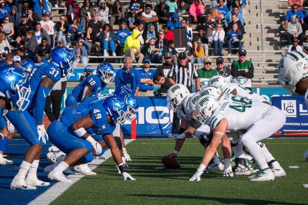 <p>UB defends the end zone in last season's game against Ohio.</p>