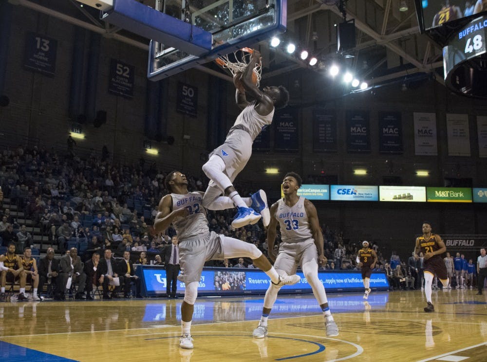 <p>Senior forward David Kadiri throws down a dunk against Central Michigan. Men’s basketball is hoping to continue to get back on track following a slow start to the season.</p>