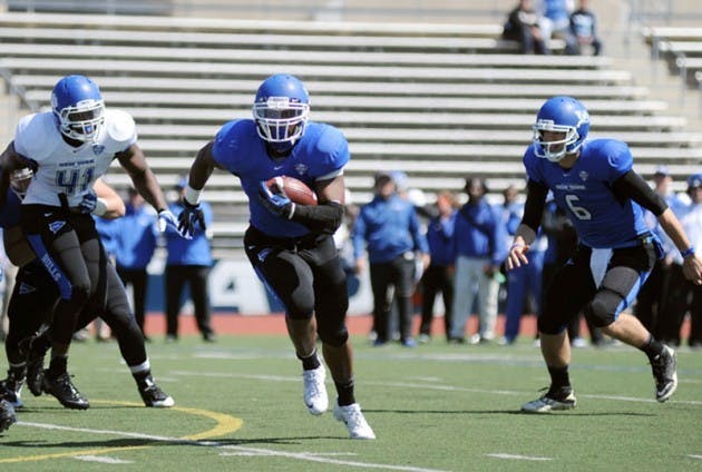 Jordon Johnson has yet to play a down for the Bulls after redshirting as a freshman and missing all of last season with an elbow injury. Johnson participated in the Bulls&rsquo; annual Blue and White spring game on April 19 and ran for 114 yards and two touchdowns.
Nick Fischetti, The Spectrum