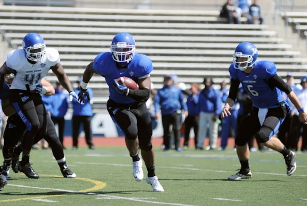 Jordon Johnson has yet to play a down for the Bulls after redshirting as a freshman and missing all of last season with an elbow injury. Johnson participated in the Bulls&rsquo; annual Blue and White spring game on April 19 and ran for 114 yards and two touchdowns.
Nick Fischetti, The Spectrum