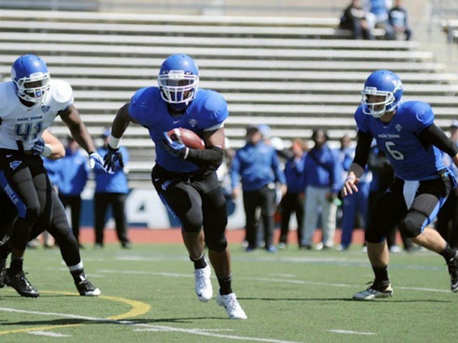 Jordon Johnson has yet to play a down for the Bulls after redshirting as a freshman and missing all of last season with an elbow injury. Johnson participated in the Bulls&rsquo; annual Blue and White spring game on April 19 and ran for 114 yards and two touchdowns.
Nick Fischetti, The Spectrum