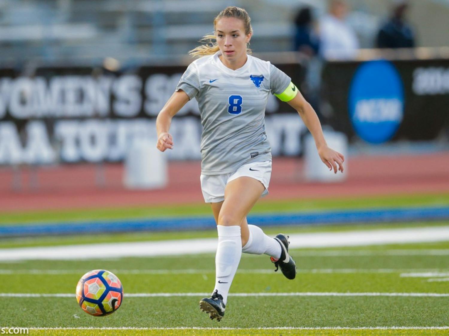 Junior forward Carissima Cutrona dribbles the ball downfield. Cutrona said that the Bulls are showing signs of improvement and feels confident this season will be an improvement from the last two.