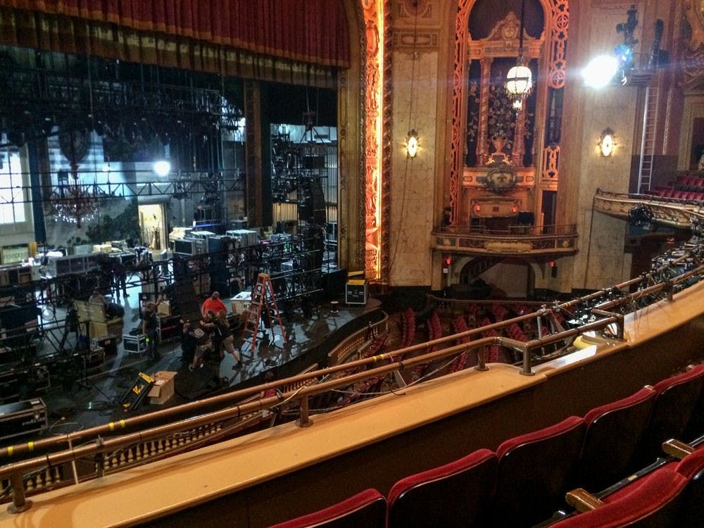 <p>"Finding Neverland" crew works on set in Shea's Performing Arts Center.&nbsp;The musical will open its national tour on Oct. 7.</p>