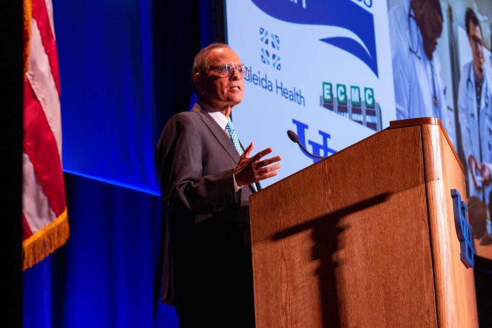 <p>UB President Satish Tripathi giving his eighth annual State of the University Address.</p>