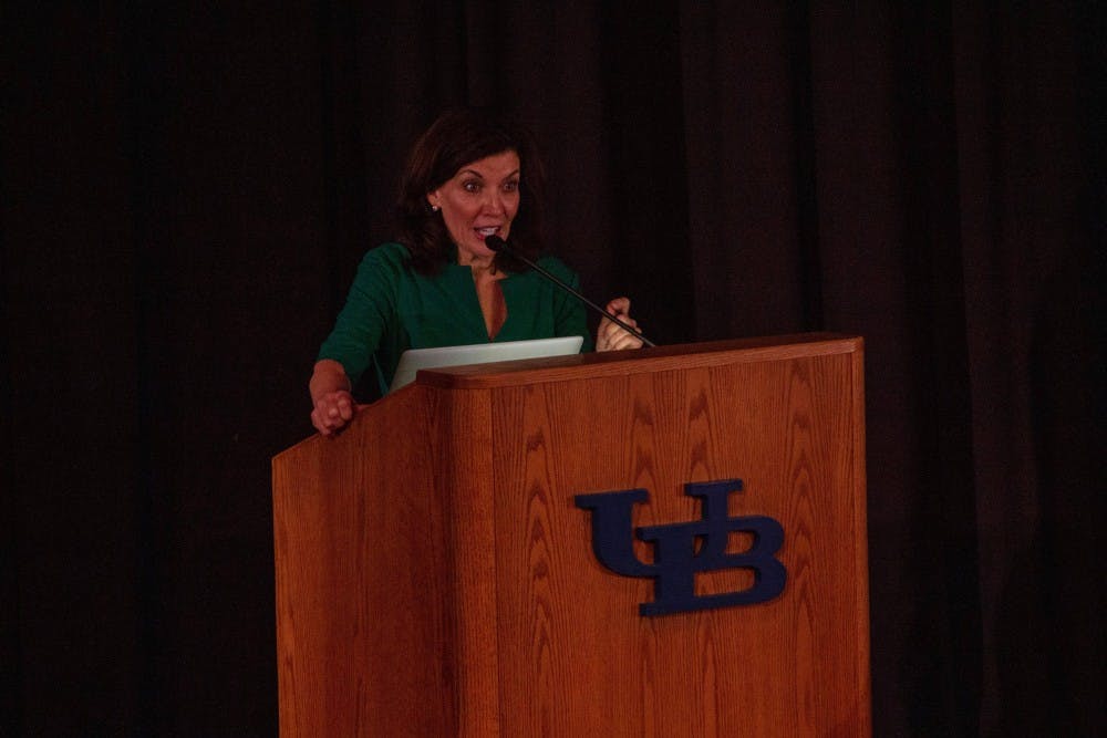 Lieutenant Governor Kathy Hochul speaks to UB community members about the importance of gender equality. 
