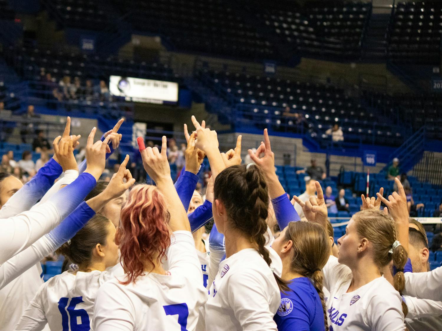 During a weekend of school spirit and community pride at UB, the women’s volleyball team dominated Kent State during their doubleheader. The Bulls won both matchups on Oct. 4 and 5 with consecutive 3-0 victories. The team locked from pre-game warmups to a victorious end. Throughout the game, energy remained high as the crowd cheered. Victor E. Bull rallied on the sidelines while taking selfies and fist-bumping fans. It was a cheerful celebration weekend for the community.