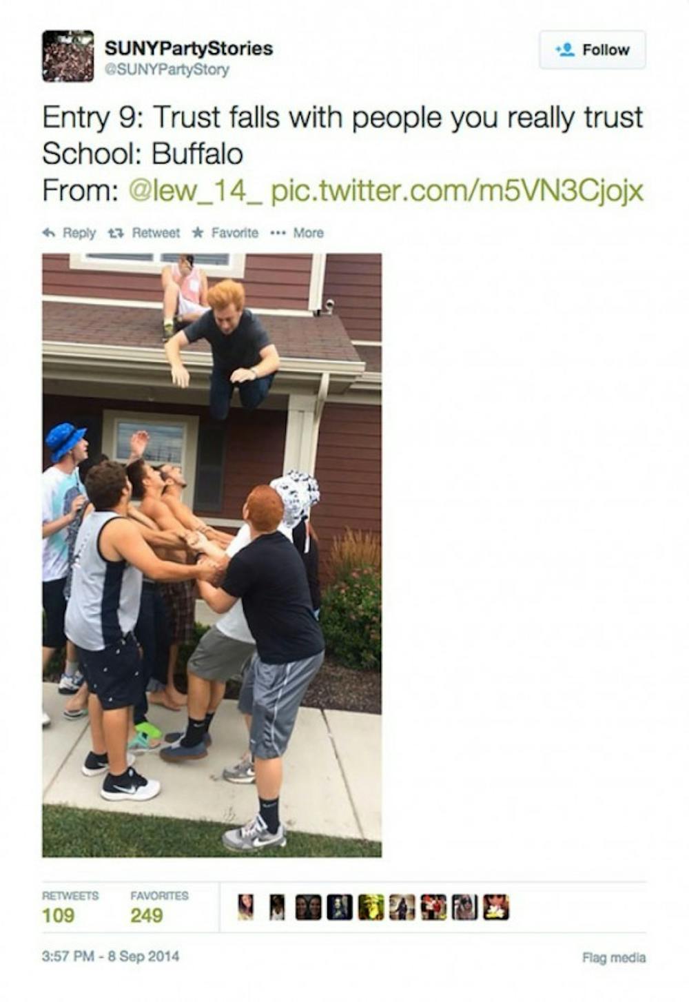 From trust falls off of roofs to strippers
to holding vomit in your hands,
the Twitter account @SUNYPartyStories
reveals the&nbsp;most ridiculous party
stunts of students in the SUNY system. &nbsp;
Courtesy of SUNY Party Stories&nbsp;