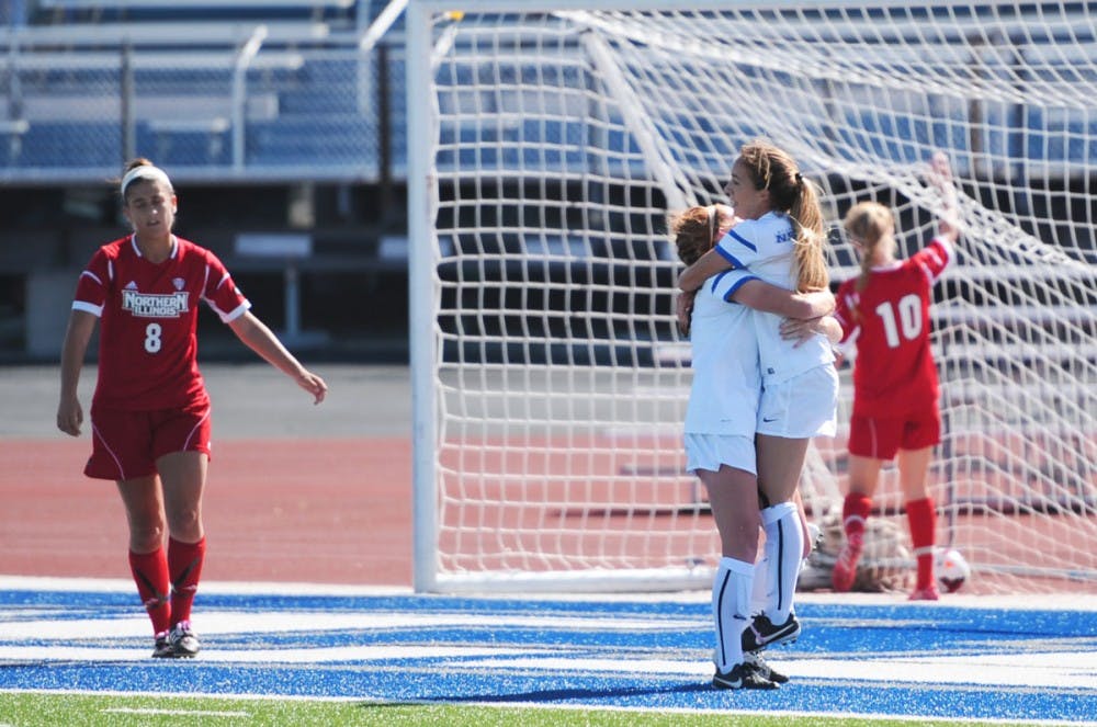 <p>The Bulls celebrate one of their four goals in a 4-1 win over Northern Illinois Sunday. Buffalo is now 3-2-1 in Mid-American Conference play. </p>