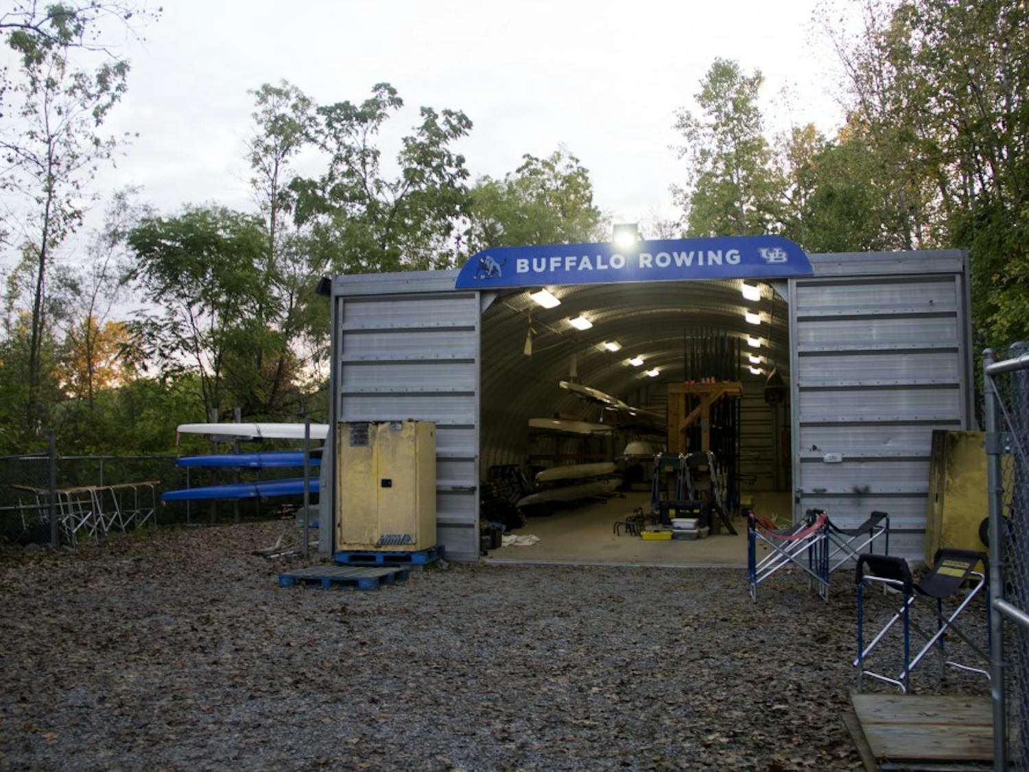  The UB boat house with the former division 1 equipment stored to the side. The club rowing team is working with athletics for permission to use it.