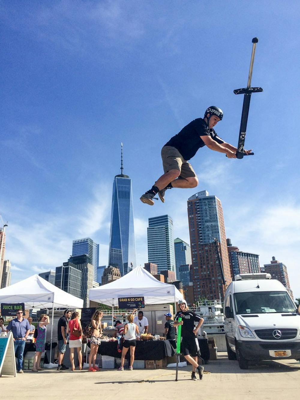 <p>Steven Bennett bounces on a pogo stick in Hudson River Park. Bennett has been signed to Xpogo since he was 15 years old.&nbsp;</p>