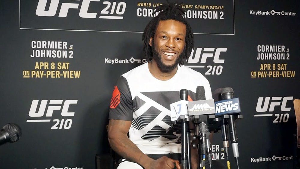<p>Desmond Green answers questions at a UFC 210 post fight media scrum. Green made his UFC debut at the event winning by split decision.</p>