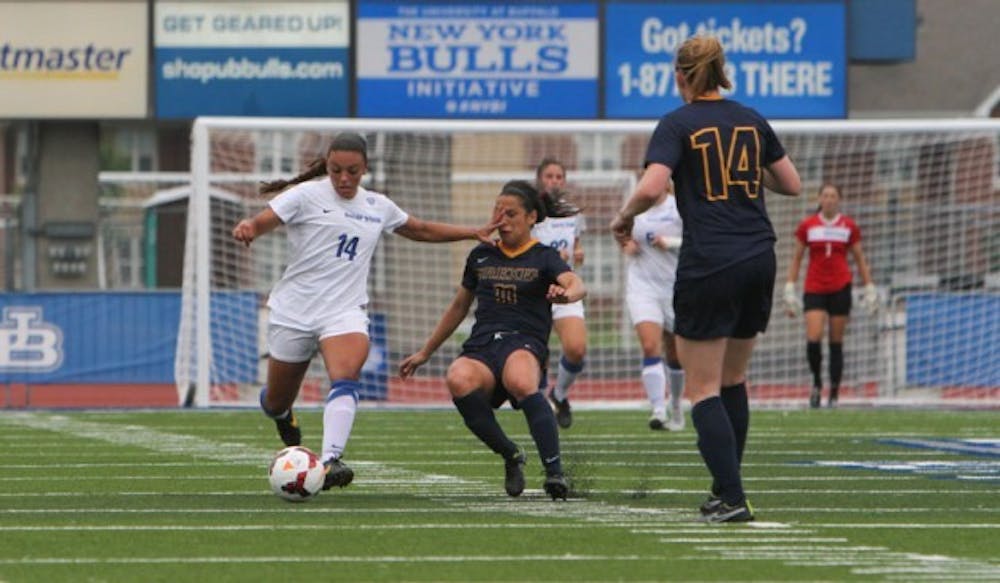 Sophomore forward&nbsp;Celina Carrero, shown here against Drexel on Aug 31, had three goals this weekend for the Bulls. Buffalo went 2-0 over the weekend and is unbeaten in eight MAC games this season.
Chad Cooper, The Spectrum