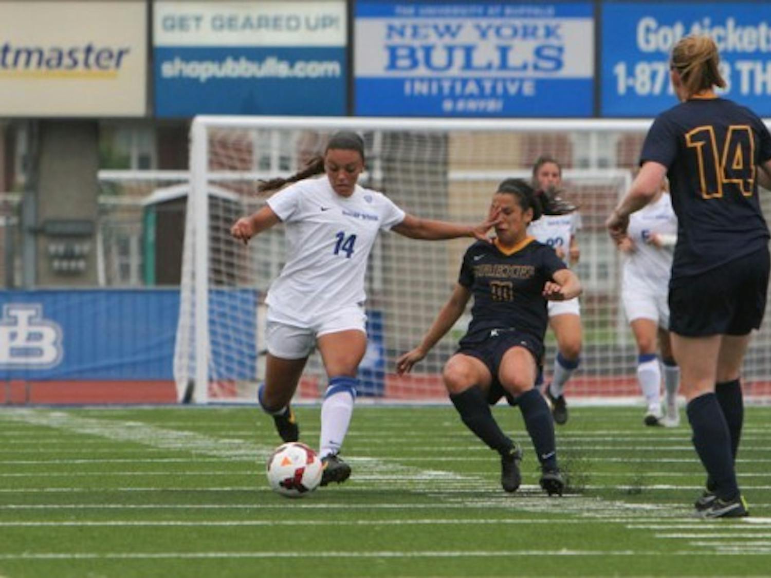 Sophomore forward Celina Carrero, shown here against Drexel on Aug 31, had three goals this weekend for the Bulls. Buffalo went 2-0 over the weekend and is unbeaten in eight MAC games this season.
Chad Cooper, The Spectrum