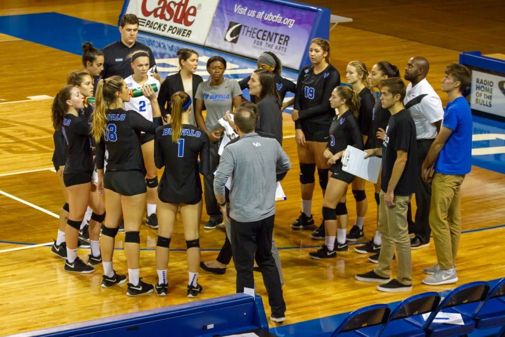 <p>Head coach Blair Brown Lipsitz addresses the Bulls during its game against the Redhawks. The Bulls lost 3-0 in both home games this past weekend.</p>