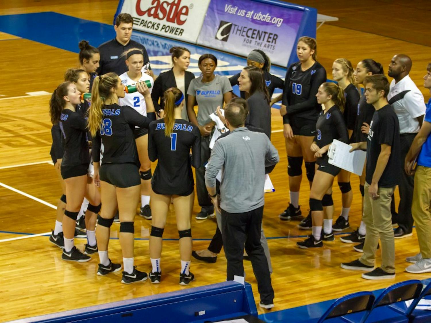 Head coach Blair Brown Lipsitz addresses the Bulls during its game against the Redhawks. The Bulls lost 3-0 in both home games this past weekend.
