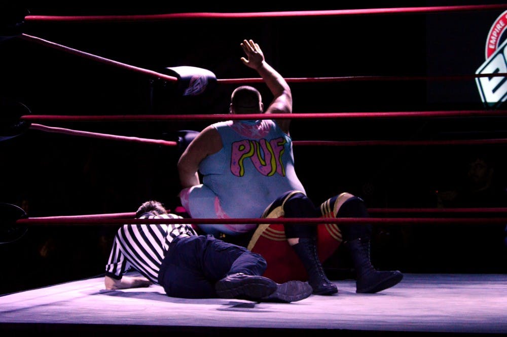 Nick Pufpaff crushes his opponent beneath is billed 420-pound frame. Pufpaff is always the crowd favorite and gets the biggest reactions of the night.