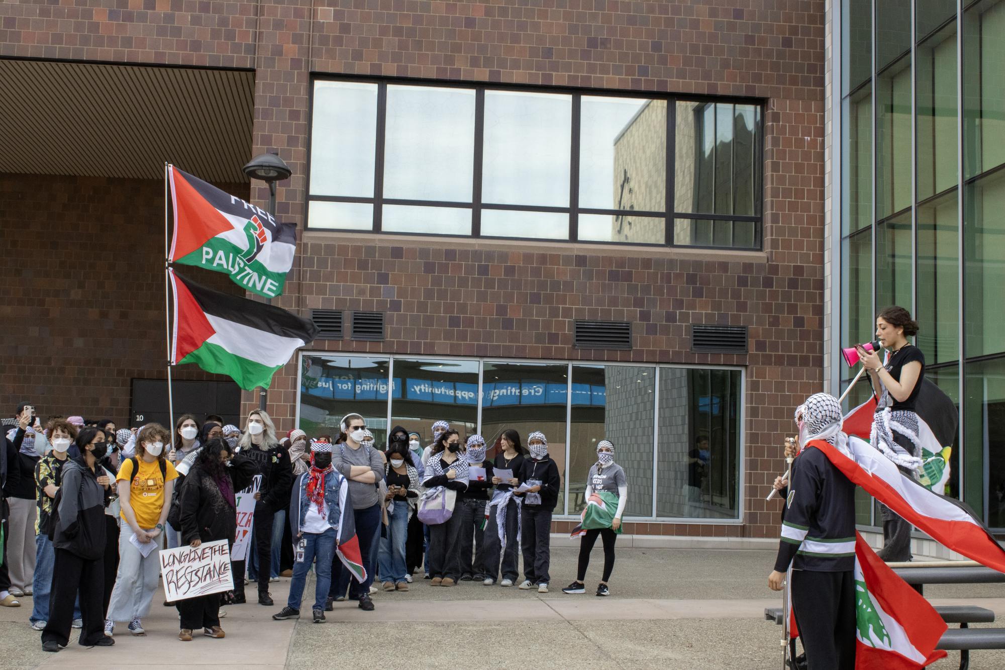 Approximately 170 pro-Palestine protesters turned out for a demonstration April 14 to condemn the arrival of two soldiers from Israel Defense Forces as part of the "Triggered: From Combat to Campus" tour --- hosted by UB's Students Supporting Israel chapter --- to UB's Center for Tomorrow.&nbsp;