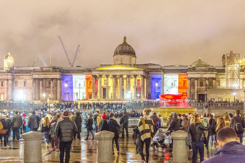 <p>The National Gallery in London, England lit up to show support for France after the recent terror attacks in Paris.&nbsp;</p>