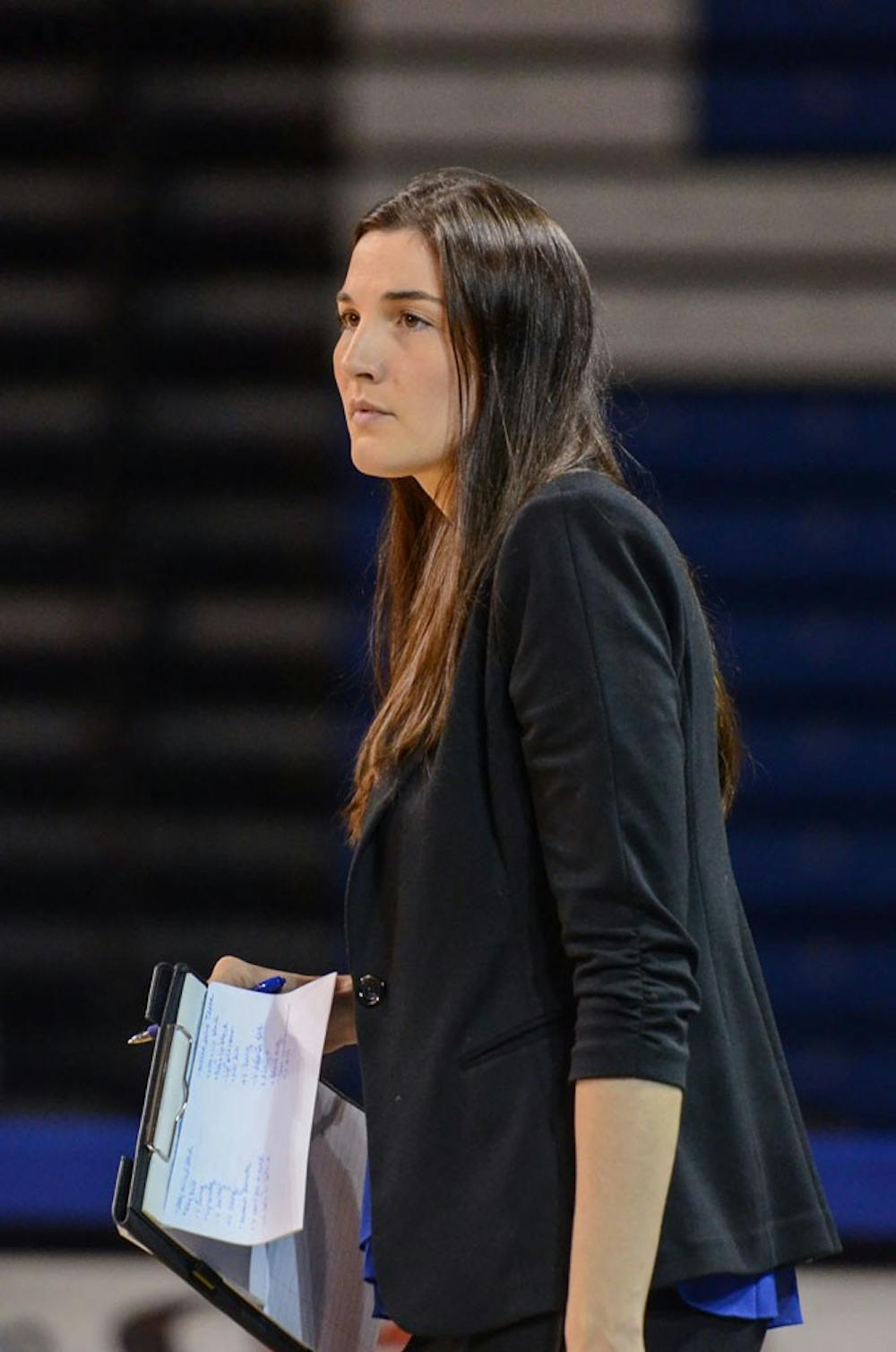<p>Coach Blair Brown Lipsitz holding a clipboard during last Thursday’s home opener against Akron. Lipsitz’s process may not have started out strong, but it has potential. </p>