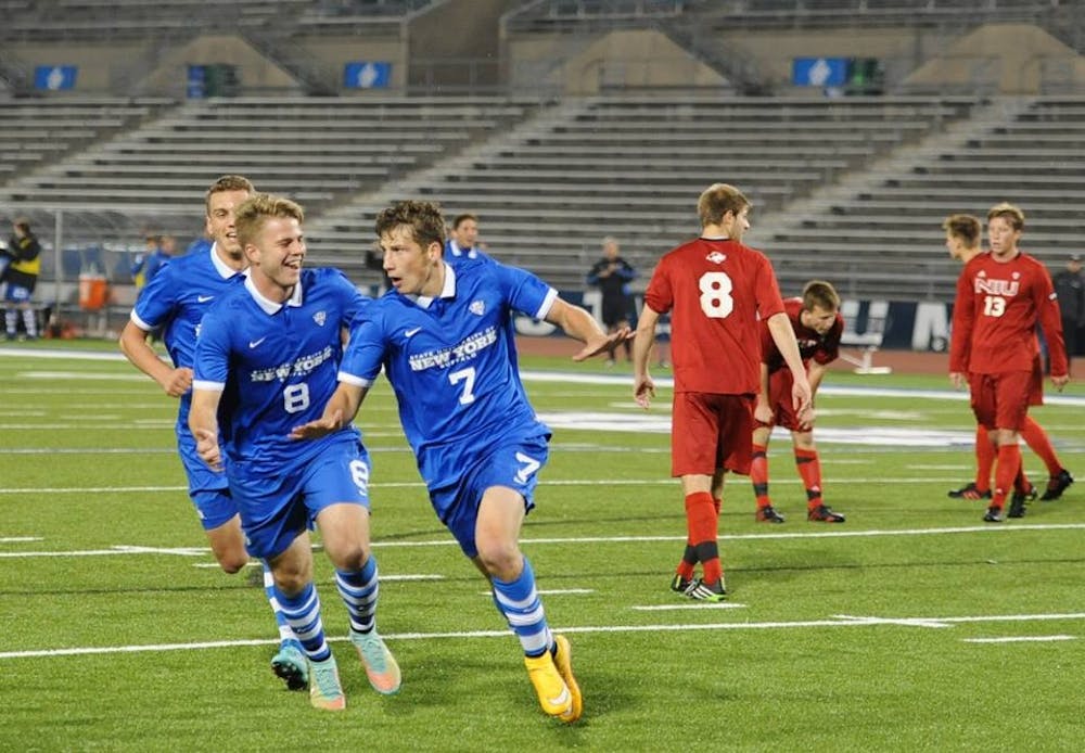 <p>Russell Cicerone (7) celebrates a goal against Northern Illinois last season. Cicerone was named Mid-American Conference Player of the Year for his play this season, the No. 1 moment in our top-10 list.&nbsp;</p>