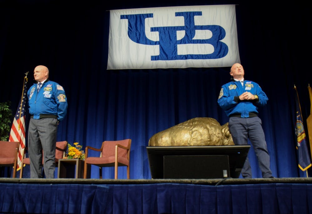 <p>Scott Kelly&nbsp;(left) and&nbsp;Mark Kelly&nbsp;(right) kicked off&nbsp;the Distinguished Speaker Series in Alumni Arena Thursday evening.</p>