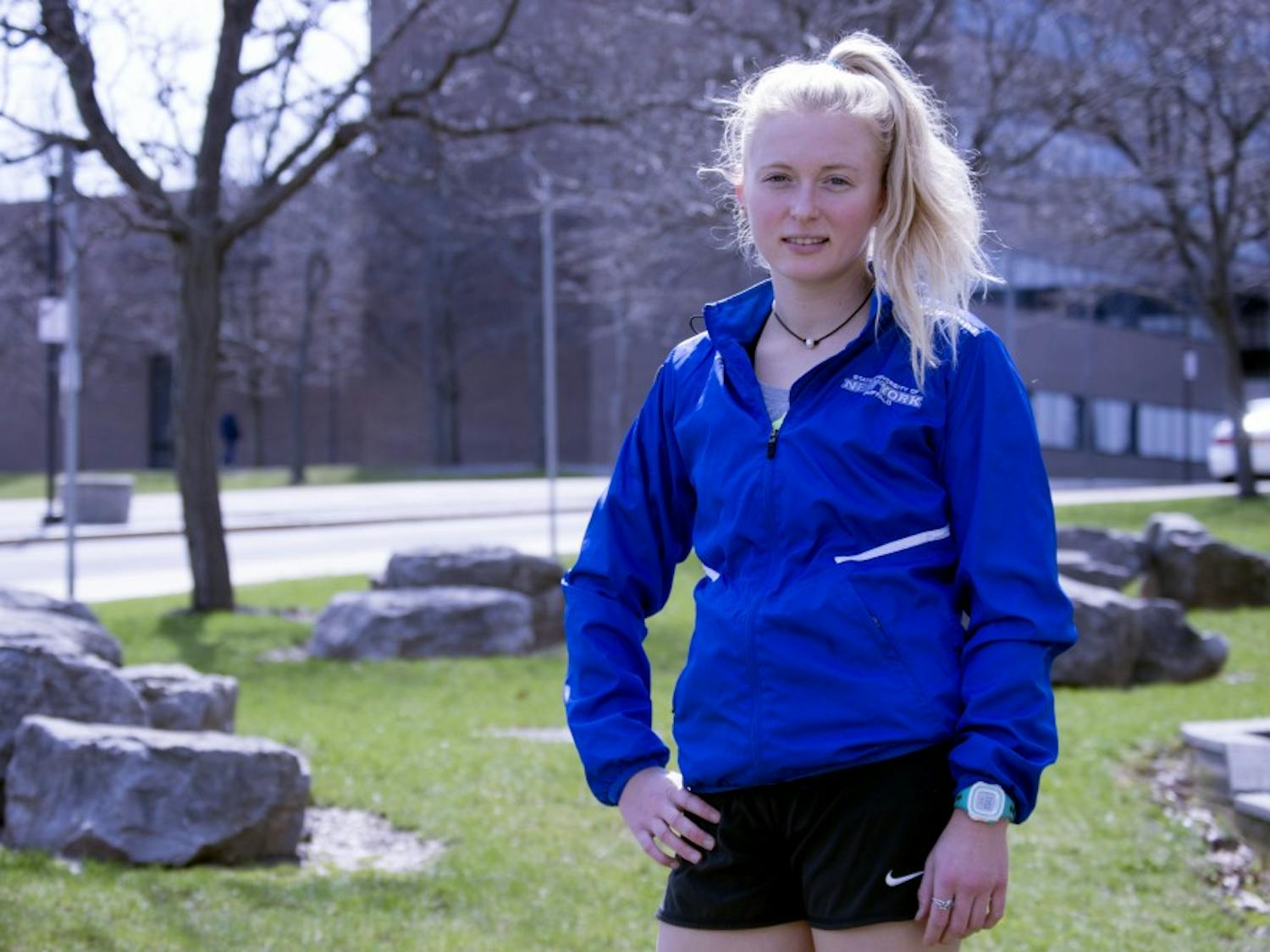 Senior long distance runner Amy Shaw holds the program record in the indoor and outdoor 5k race.