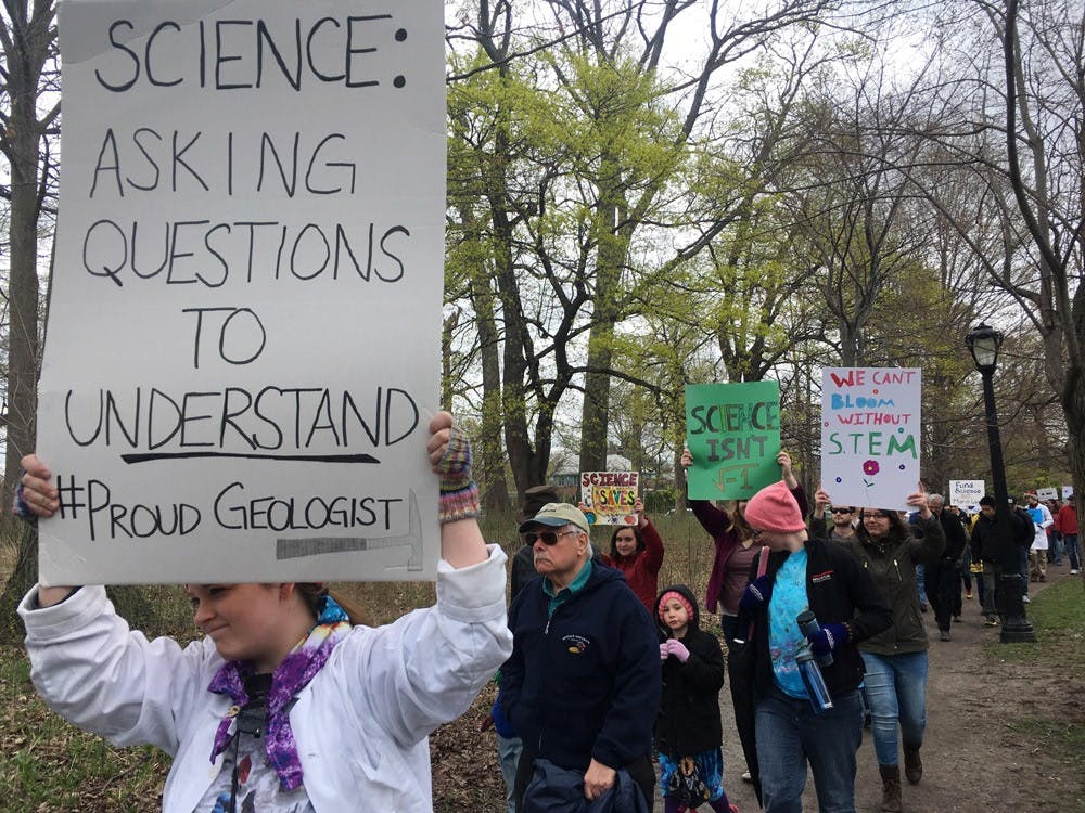 <p>Buffalo demonstrators rallied in support of science in Delaware Park on Sunday.</p>