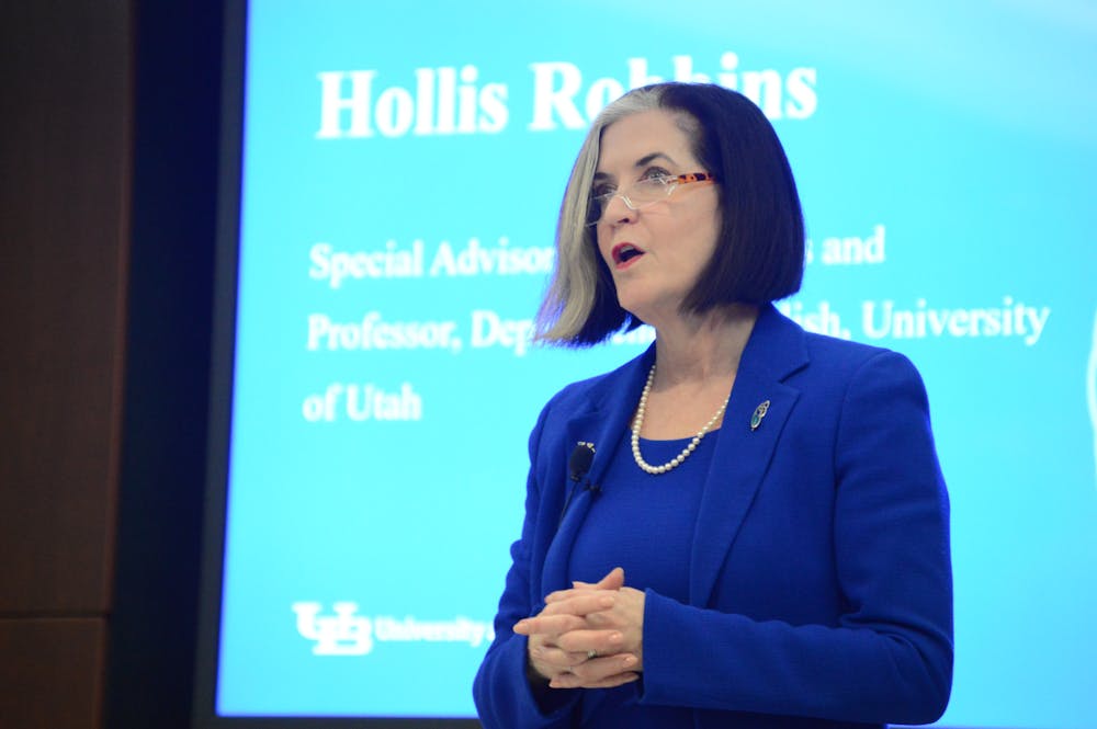 Hollis Robbins, one of the four final candidates, speaks at a public forum.