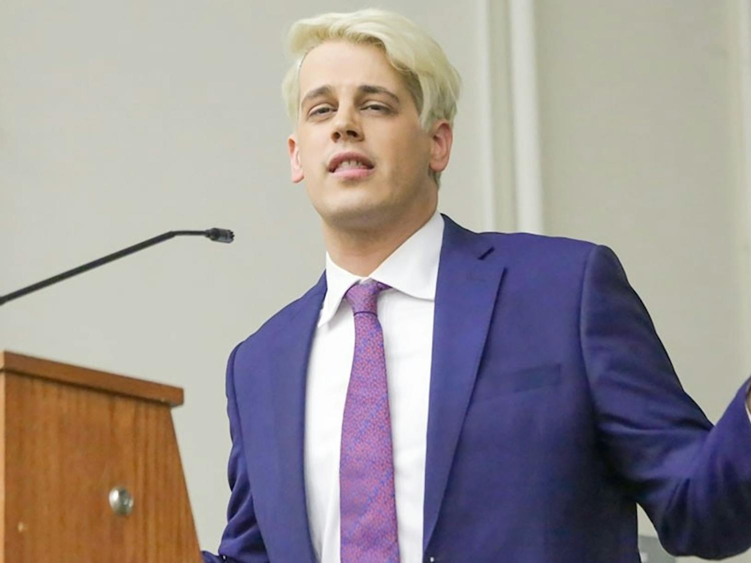 Controversial journalist Milo Yiannopoulos speaks at Rutgers University in February, where students protested his speech. Yiannopoulos will no longer be speaking at UB this May.