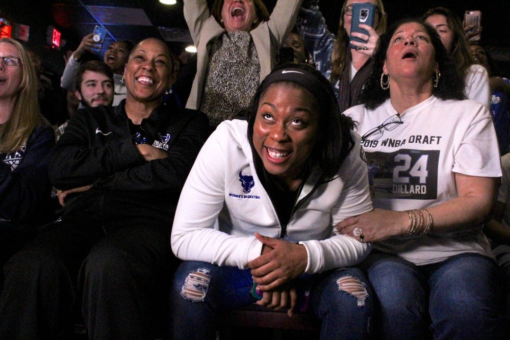 <p>Cierra Dillard looks in awe as she is selected with the 20th pick of the WNBA draft. Dillard becomes the first player in UB women’s basketball history to be drafted into the league.</p>