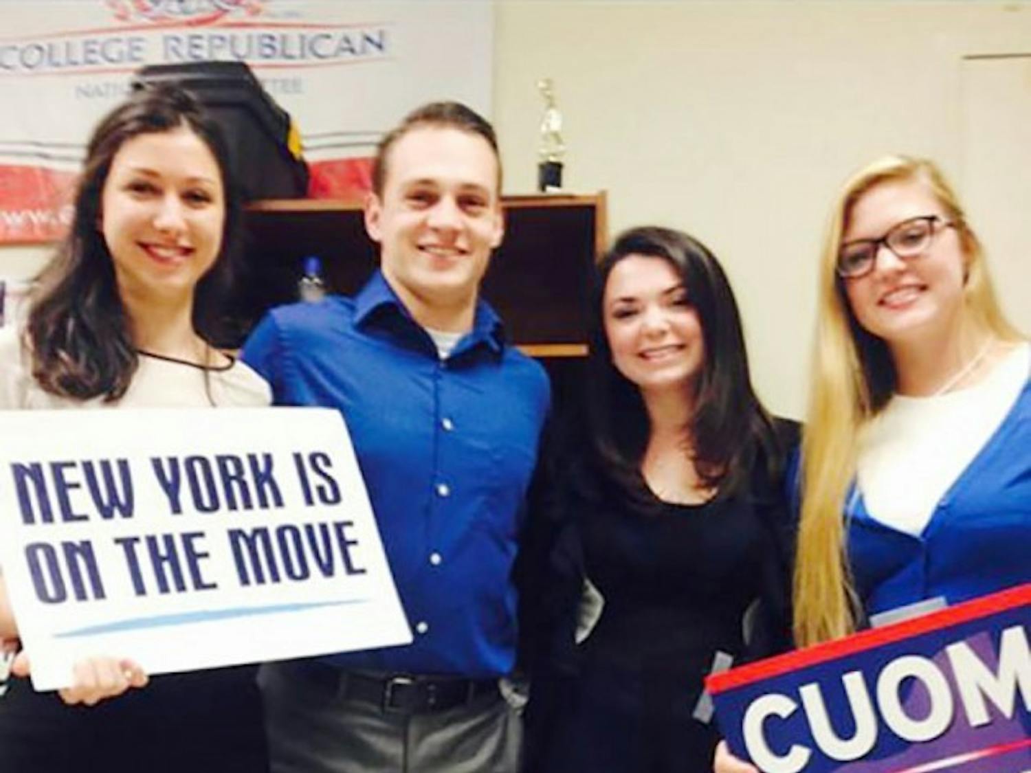 Laura Mannara (far left), president of College Democrats,&nbsp;
went with other members in her club (Sean Kaczmarek, Melissa Kathan,&nbsp;
and Carly Gottorff) to watch the gubernatorial debate watch party for&nbsp;
Gov. Andrew Cuomo.&nbsp;Curtosy of Laura Mannara