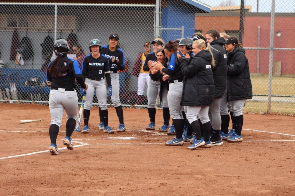 <p>Sophomore left fielder Anna Aguon trots toward home after a home run. Aguon went 3-5 with two RBIs during the Bulls’ 16-6 win against Akron.</p>