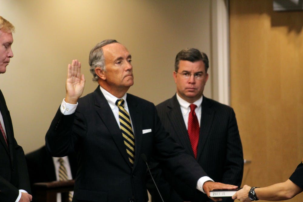 <p>Former UB Vice President Dennis Black swears in at Erie County Courthouse. Black and former Campus Living Director Andrea Costantino plead&nbsp;guilty to grand larceny in front of Judge John L. Michalski Thursday morning.&nbsp;</p>