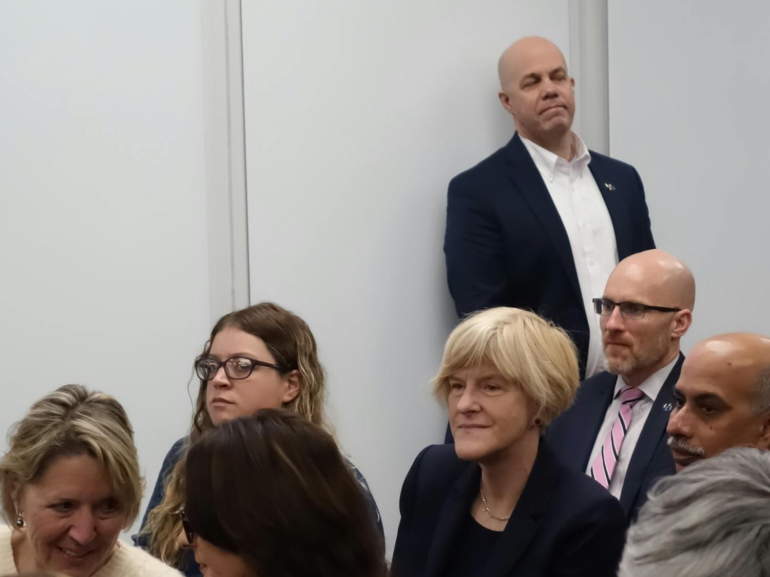 College of Arts and Sciences Dean Robin Schulze (seated, dressed in black) attending a speech given by Senator Chuck Schumer two weeks ago. &nbsp;&nbsp;&nbsp;&nbsp;&nbsp;&nbsp;&nbsp;&nbsp;&nbsp;&nbsp;&nbsp;&nbsp;&nbsp;&nbsp;&nbsp;&nbsp;&nbsp;&nbsp;&nbsp;&nbsp;&nbsp;&nbsp;&nbsp;&nbsp;&nbsp;&nbsp;&nbsp;&nbsp;&nbsp;&nbsp;