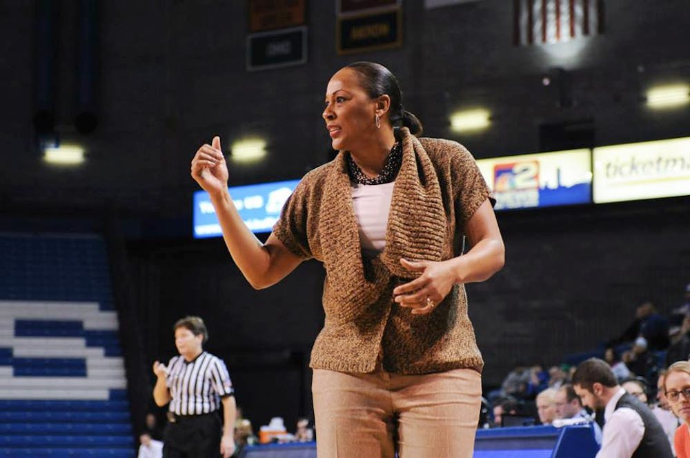 <p>Head coach Felisha Legette-Jack coaches in a game in Alumni Arena last season. Legette-Jack wants to create a "village" of support&nbsp;for her young Bulls team this season.&nbsp;</p>
