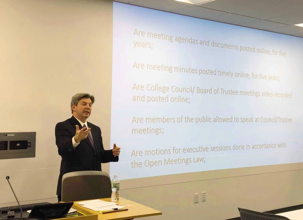 <p>Local attorney Paul Wolf discussed open governance and transparency at UB on Monday.</p>